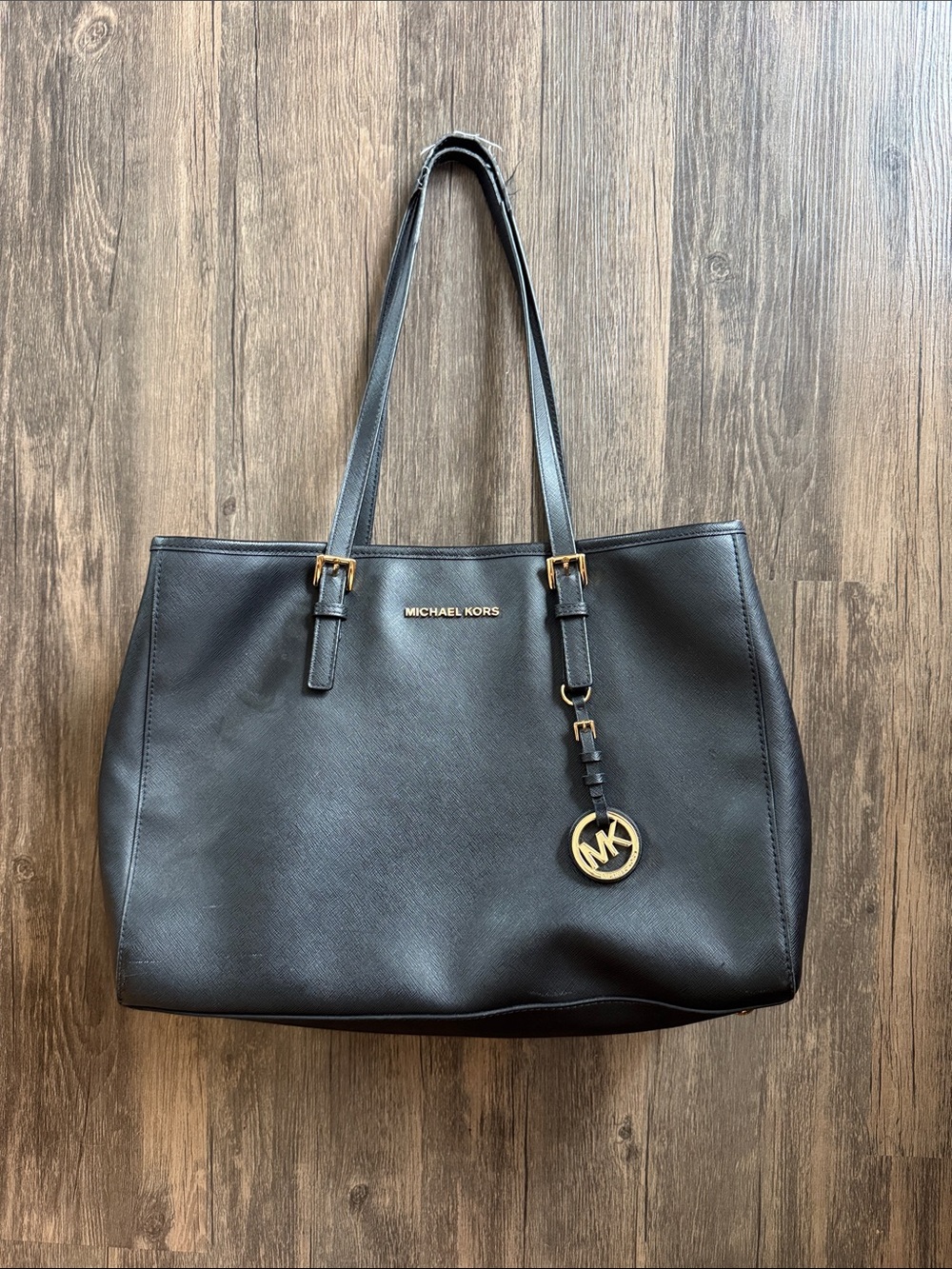MICHAEL KORS Black Leather Tote with Gold MK Charm